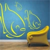 Vibrant fish wall painting template for kids\' room in bright yellow on a blue background.
