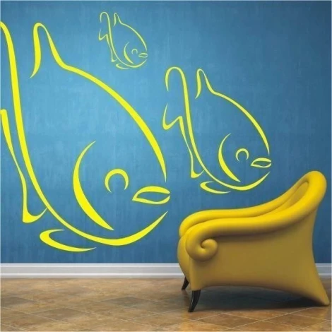 Vibrant fish wall painting template for kids\' room in bright yellow on a blue background.
