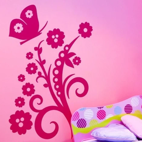 Floral butterfly sticker in a cheerful pink bedroom, adding charm and color to a child\'s nook.