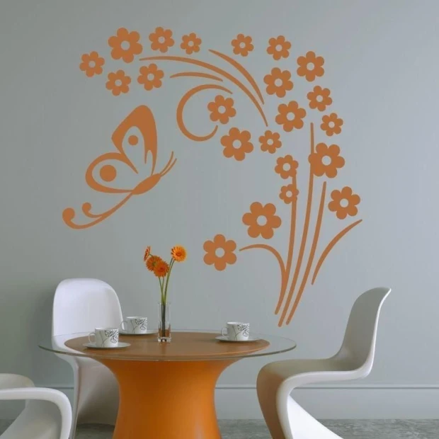 Stylish floral and butterfly sticker, perfect for a modern dining room in warm orange shades.