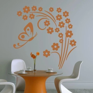 Stylish floral and butterfly sticker, perfect for a modern dining room in warm orange shades.