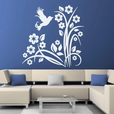 Elegant flower and bird sticker, perfect for a modern living room on a blue wall, adding charm.