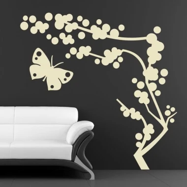 Elegant tree painting template with a butterfly in a minimalist living room, adding lightness and freshness.