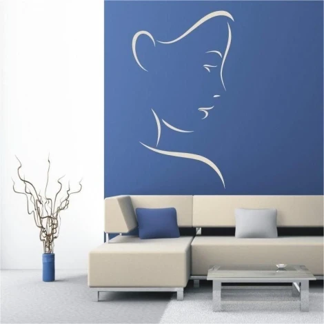 Lady 79 painting template - Living room setup with blue wall, light sofa, and minimalist style.