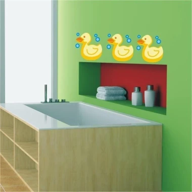Duck sticker 0962 in a cheerful bathroom, adding a colorful touch to a green wall.
