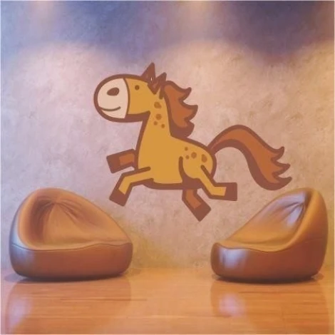 Cheerful horse sticker in warm colors, perfect for a child\'s room or play area.
