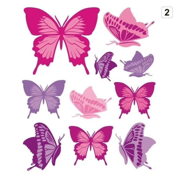 Multicolored butterfly stickers in shades of pink and purple, perfect for decorating a child\'s room.