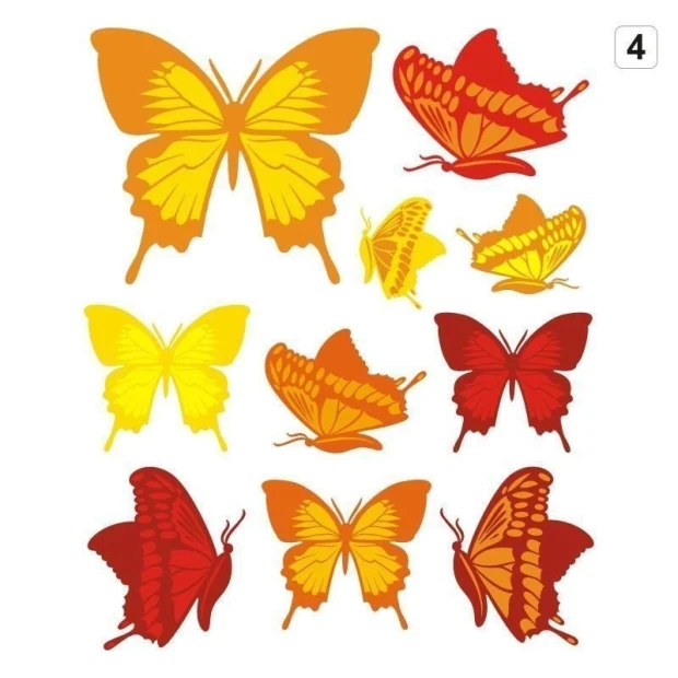 Multicolored butterfly stickers in warm shades of yellow and red, perfect for decorating children\'s items.