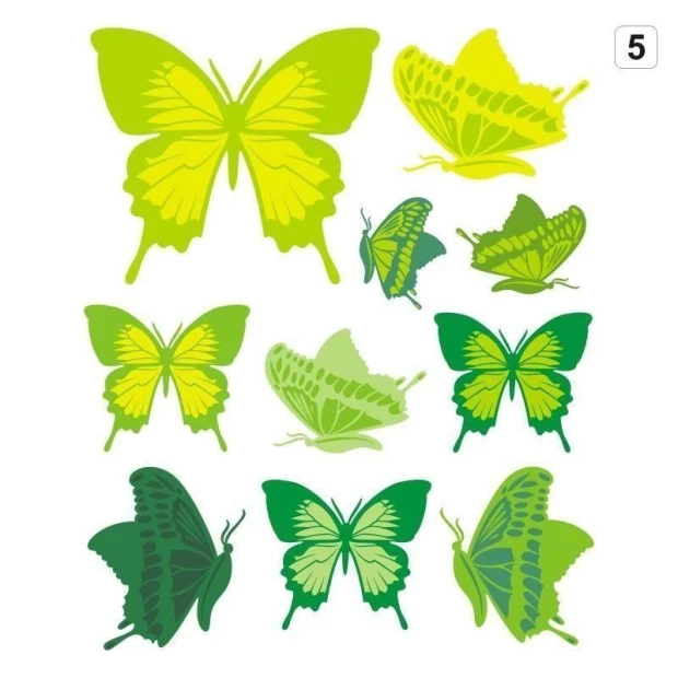 Multicolored butterfly stickers in shades of green will beautifully decorate a child\'s room, adding a fresh touch.