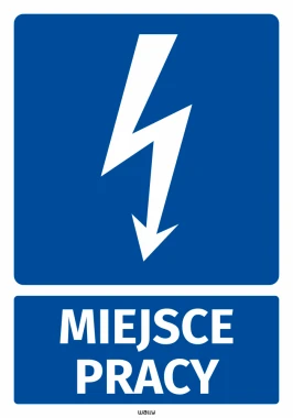 Safety sticker for workplace with lightning icon - graphic design. White lightning on a blue background.