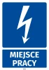 Safety sticker for workplace with lightning icon - graphic design. White lightning on a blue background.