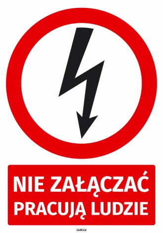 Safety sticker: Do not turn on, people are working, with lightning icon - Red circle with black lightning bolt design.