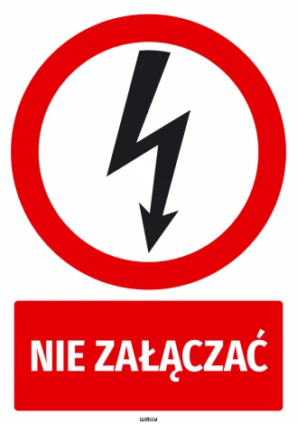 Safety sticker Do Not Turn On, featuring a lightning icon - Round red sign with a black lightning bolt and text.