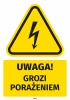 Safety sticker: Warning! Risk of electric shock - Graphic design. Triangle with a lightning bolt on a yellow background, black text below.