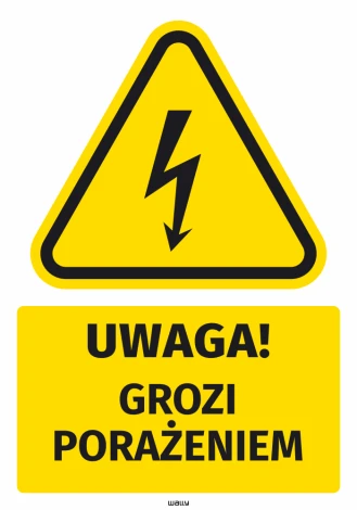 Safety sticker: Warning! Risk of electric shock - Graphic design. Triangle with a lightning bolt on a yellow background, black text below.
