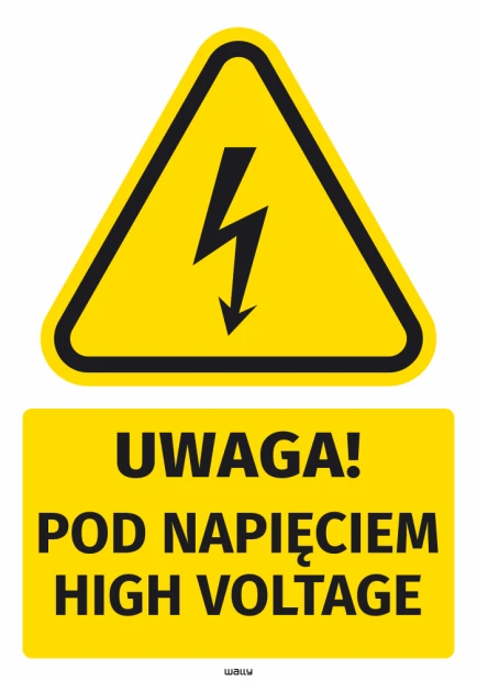Warning sticker: High voltage - Graphic design with a triangle and lightning on a yellow background, below a rectangle.