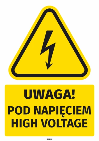 Warning sticker: High voltage - Graphic design with a triangle and lightning on a yellow background, below a rectangle.