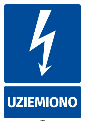 Grounding safety sticker with lightning icon. Features a blue background, white lightning bolt, and text.