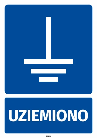 Grounding safety sticker with grounding icon - graphic design. Blue background with white grounding symbol and text.