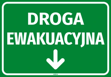 Emergency exit sign with downward arrow - graphic design. Green background with white text and downward arrow.