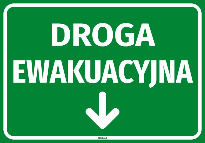 Emergency exit sign with downward arrow - graphic design. Green background with white text and downward arrow.