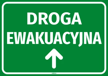 Emergency exit sticker with upward arrow - graphic design. Green background with white text and arrow.