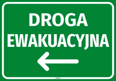 Emergency exit sticker with left arrow - graphic design. Green background with white text and left arrow.