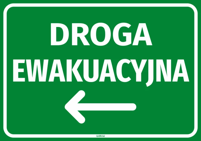 Emergency exit sticker with left arrow - graphic design. Green background with white text and left arrow.