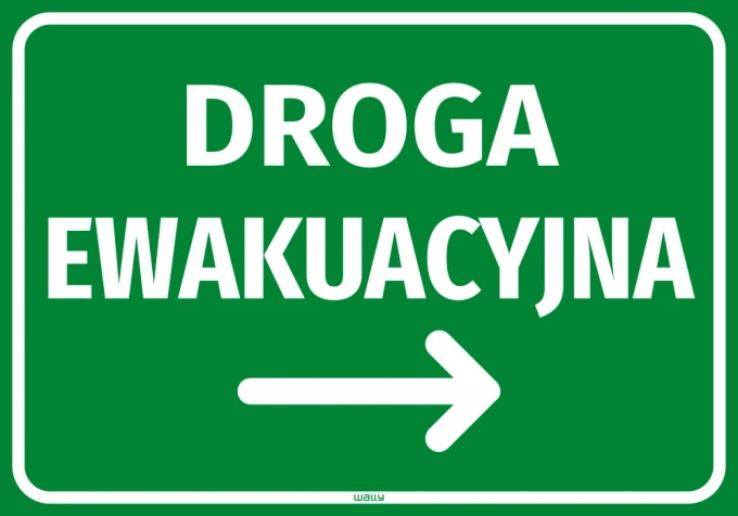 Emergency exit sticker with right arrow - graphic design. Green background with white text and arrow.