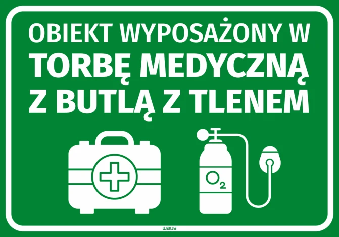 Informational sticker: Facility equipped with a medical bag and oxygen tank - Graphic design. Green background, white bag.