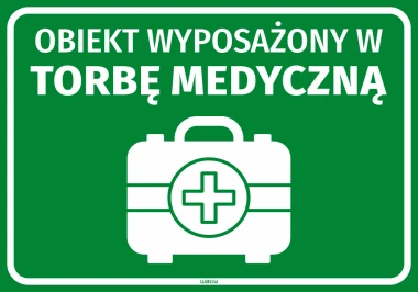 Informative sticker: Facility equipped with a medical bag. Green background with a white medical bag illustration.