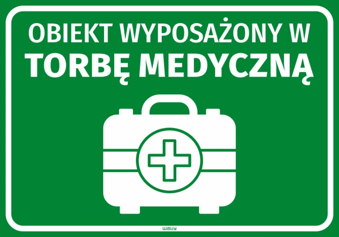 Informative sticker: Facility equipped with a medical bag. Green background with a white medical bag illustration.