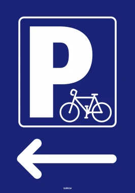 Informational sticker for bike parking with left arrow - graphic design. White \'P\' and bike on blue background.