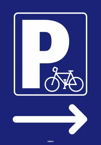 Bicycle parking information sticker with right arrow - graphic design. Large letter P on a blue background.
