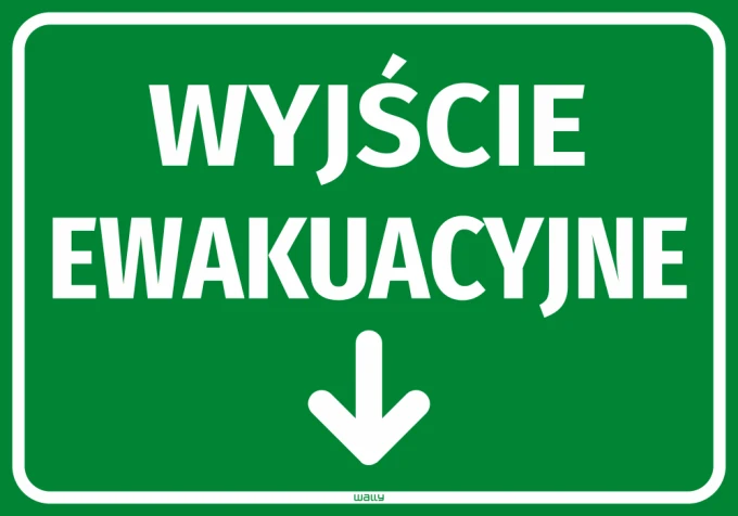Emergency exit sticker with downward arrow - green background, large white letters.