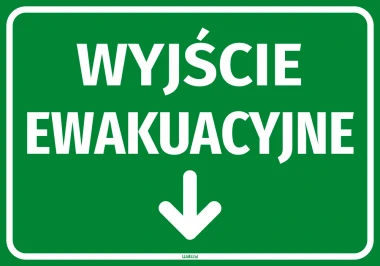 Emergency exit sticker with downward arrow - green background, large white letters.