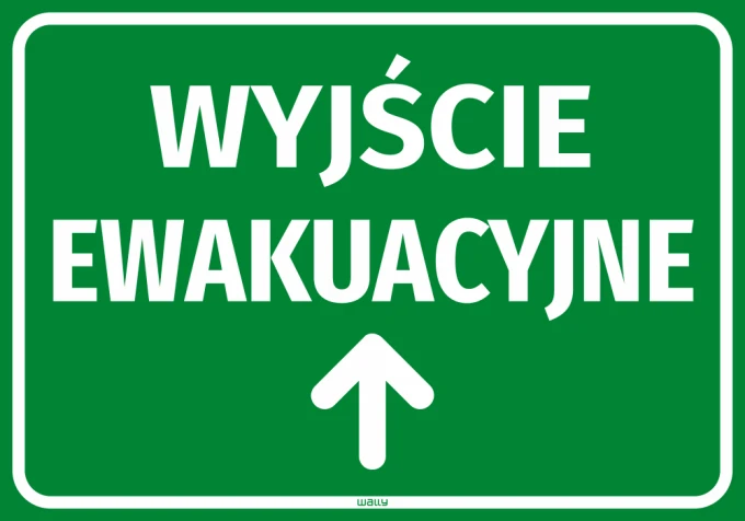 Emergency exit sign with upward arrow - Green background with white text and arrow.