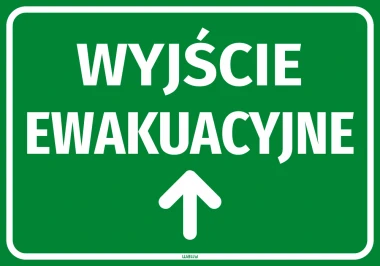 Emergency exit sign with upward arrow - Green background with white text and arrow.