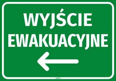 Emergency exit sticker with left arrow - graphic design. Green background with white text and left arrow.