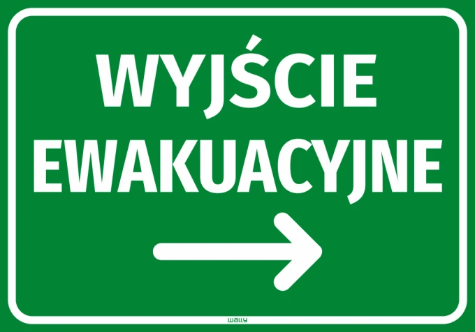 Emergency exit sticker with right arrow - graphic design. Green background with white text and arrow.