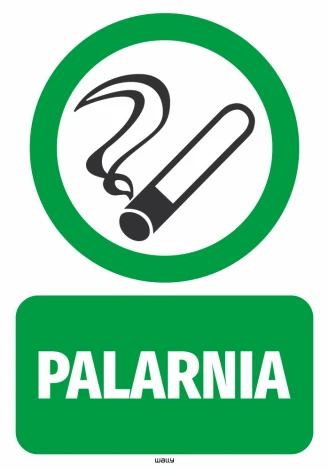 Smoking Area Sticker - Round green symbol with smoke and cigarette, below it a rectangle with the word SMOKING AREA.