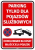 Parking sticker for company vehicles - Graphic design. Red background with white text and vehicle icons.