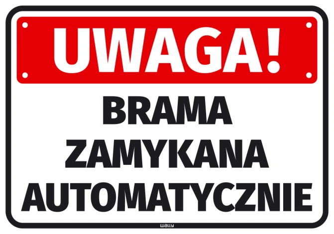 Warning! Automatic gate closing sticker - Graphic design. Red background with white text in large letters.