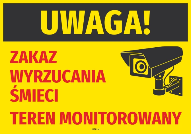 Warning sticker! No littering. Monitored area - Graphic design with yellow background, red text, and black camera.