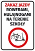 No cycling or scooter sticker for school grounds - Graphic design. Red circle with a crossed-out bicycle.