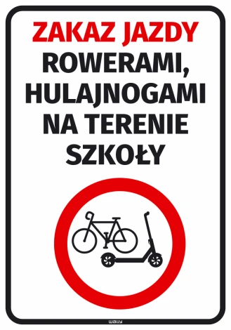 No cycling or scooter sticker for school grounds - Graphic design. Red circle with a crossed-out bicycle.