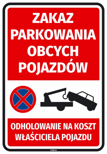 No Parking Sticker for Unauthorized Vehicles - Graphic Design. Red background, white text, prohibition symbol, towing vehicle.