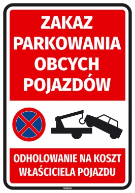No Parking Sticker for Unauthorized Vehicles - Graphic Design. Red background, white text, prohibition symbol, towing vehicle.
