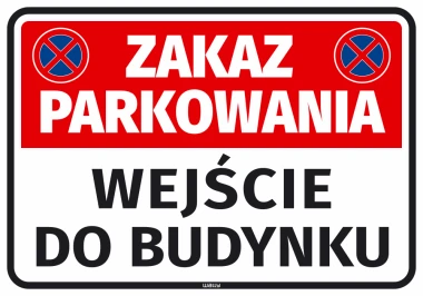 No Parking Sticker - Building Entrance. Red background with white text and blue prohibition signs.