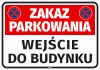 No Parking Sticker - Building Entrance. Red background with white text and blue prohibition signs.